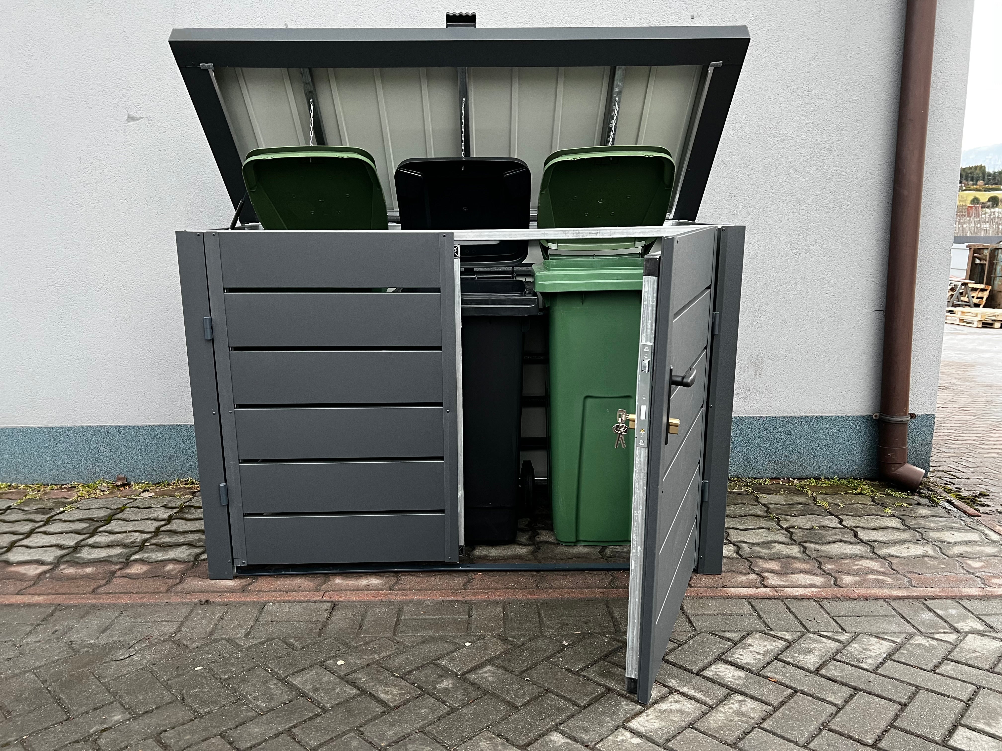 Metall-Mülltonnenbox MAFAL mit gefedertem Klappdeckel