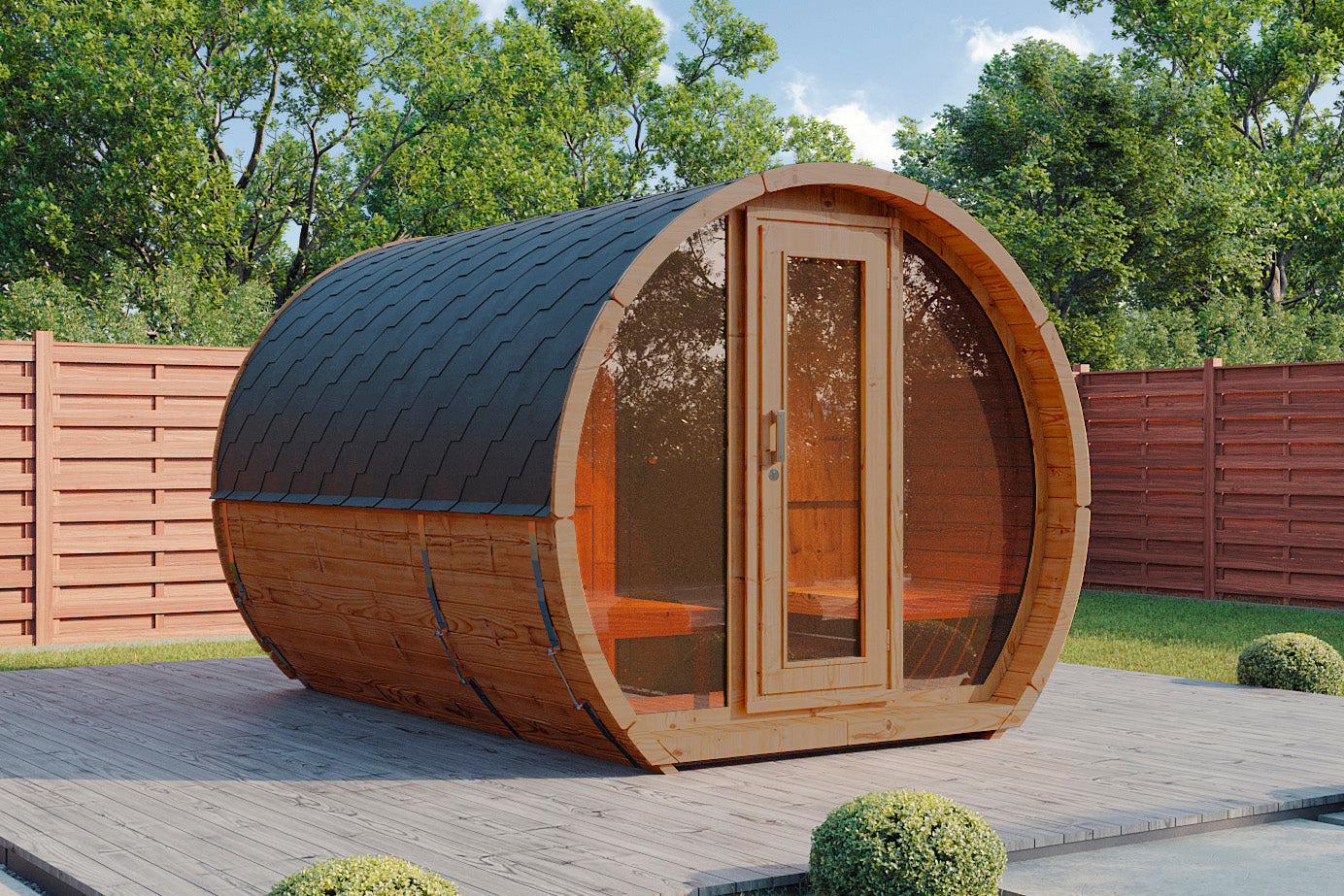 Gartensauna Sena 2333 Bausatz mit schwarzen Dachschindeln