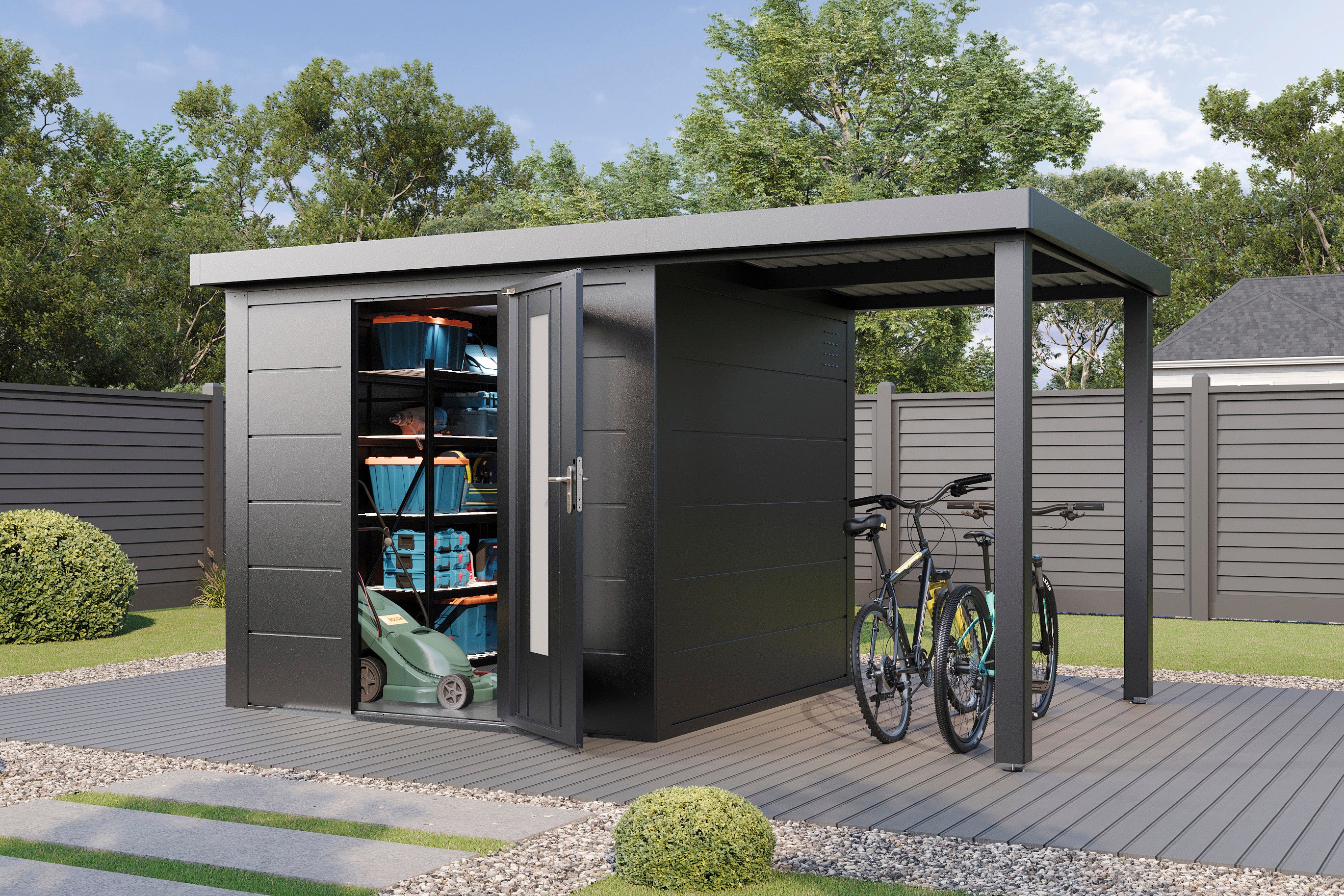 Metall-Gartenhaus / Gerätehaus Thorin 3924 Anthrazit mit Terrasse - Gartenhaus Herkommer