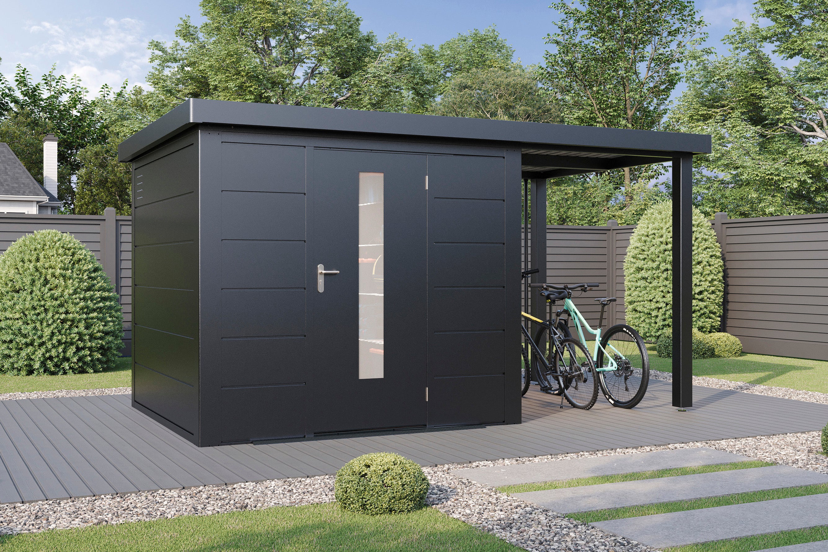 Metall-Gartenhaus / Gerätehaus Thorin 3924 Anthrazit mit Terrasse - Gartenhaus Herkommer