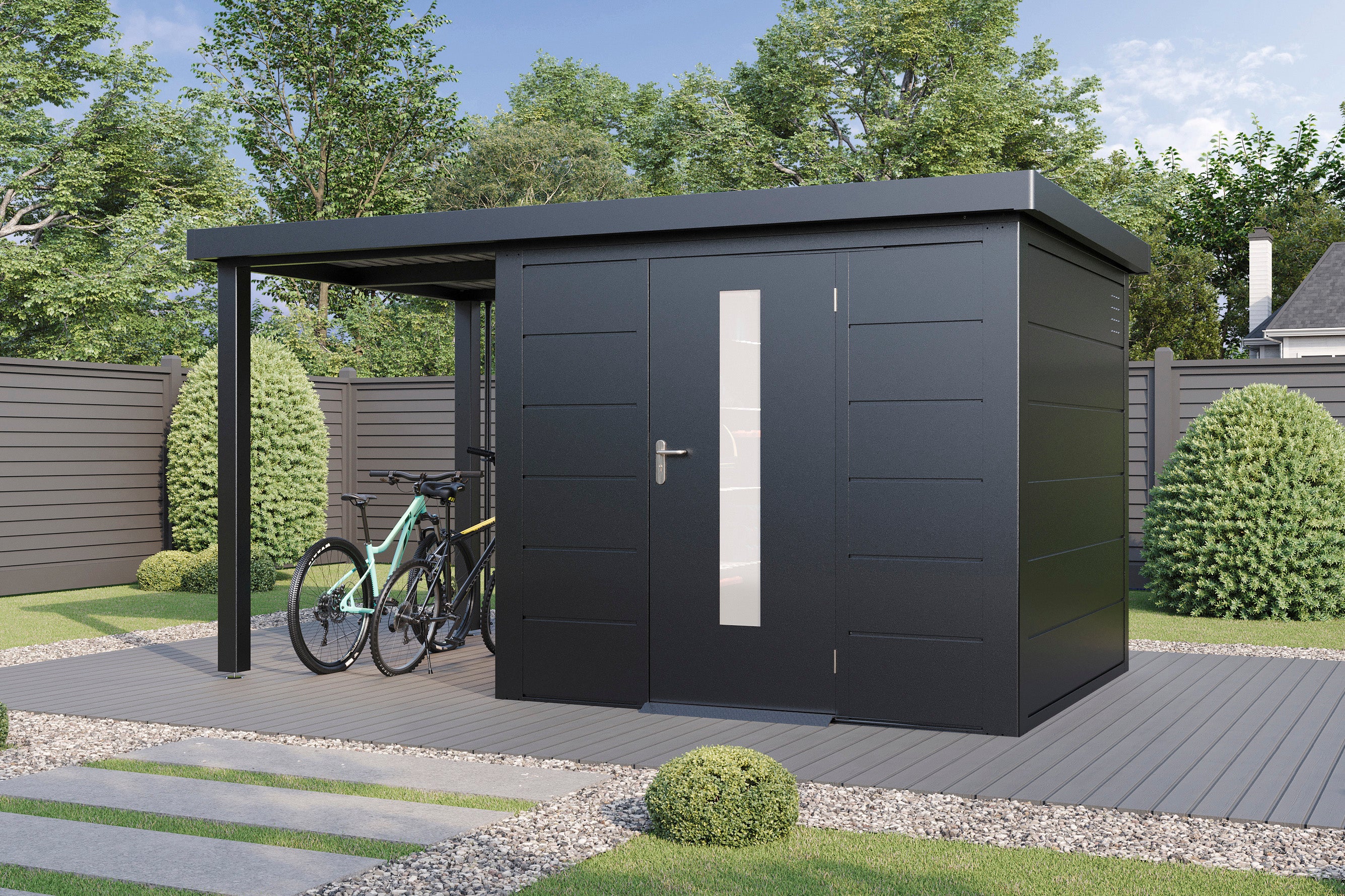 Metall-Gartenhaus / Gerätehaus Thorin 3924 Anthrazit mit Terrasse - Gartenhaus Herkommer