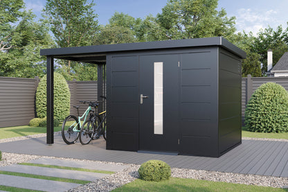 Metall-Gartenhaus / Gerätehaus Thorin 3924 Anthrazit mit Terrasse - Gartenhaus Herkommer