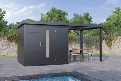 Metall-Gartenhaus / Gerätehaus Thorin 4724 Anthrazit mit Terrasse - Gartenhaus Herkommer