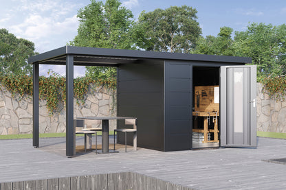 Metall-Gartenhaus / Gerätehaus Thorin 4724 Anthrazit mit Terrasse - Gartenhaus Herkommer