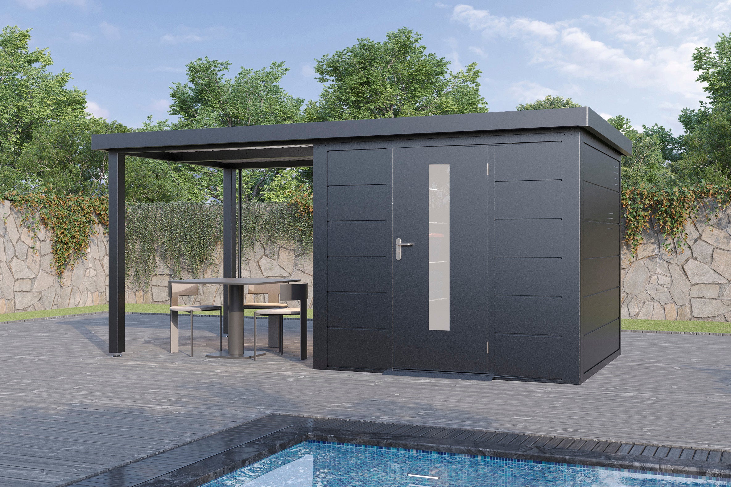 Metall-Gartenhaus / Gerätehaus Thorin 4724 Anthrazit mit Terrasse - Gartenhaus Herkommer