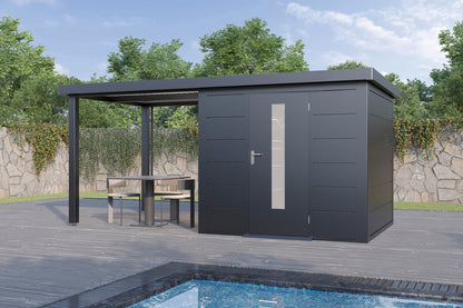 Metall-Gartenhaus / Gerätehaus Thorin 4724 Anthrazit mit Terrasse - Gartenhaus Herkommer